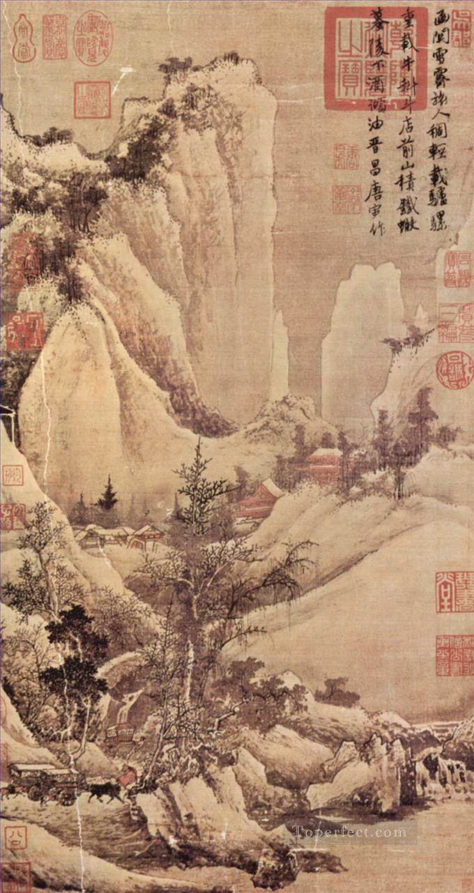 峠の雪かき 1507 年古い墨油絵